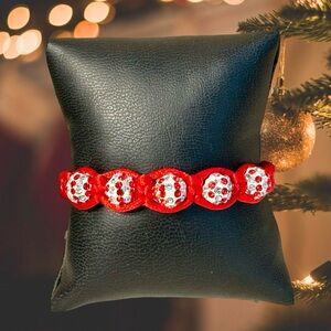 Shamballah style friendship holiday bracelet, adjustable, red and white crystal